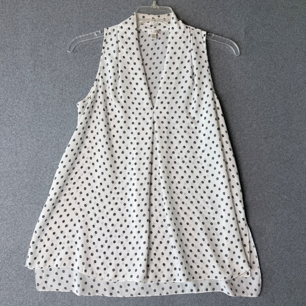 Spense Womens Polka Dot Sleeveless V-Neck Blouse White Black Size Medium‎